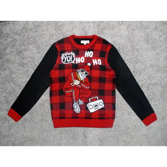 Yo! Ho Ho Ho Santa Ugly Holiday Christmas Sweater sz L red plaid hip hop run dmc - Picture 2 of 5